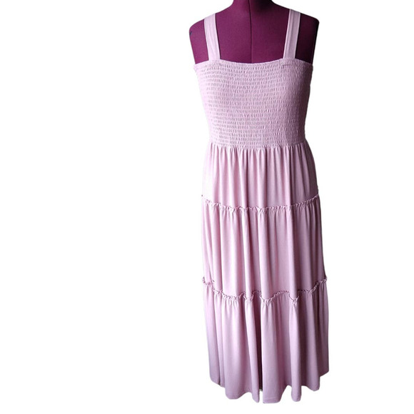2X Zenana Smocked Tiered Midi Dress Lt Rose Pink Plus sized comfort brand new - Picture 3 of 16
